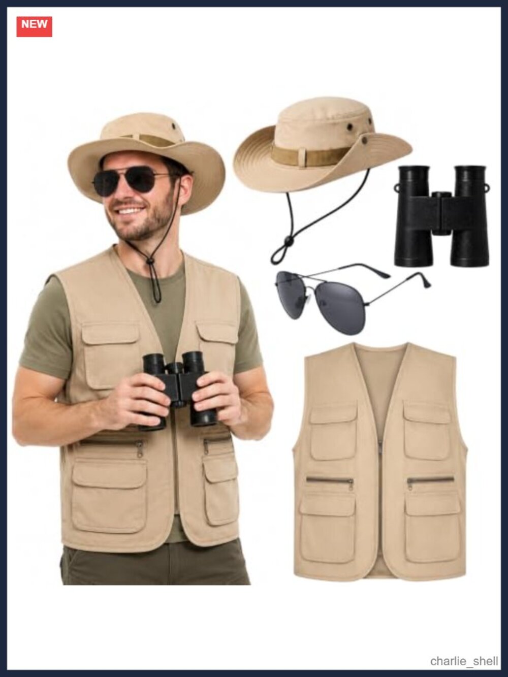 Men's 4-Piece Safari Costume Set Khaki Explorer Hat Vest Sunglasses Binoculars